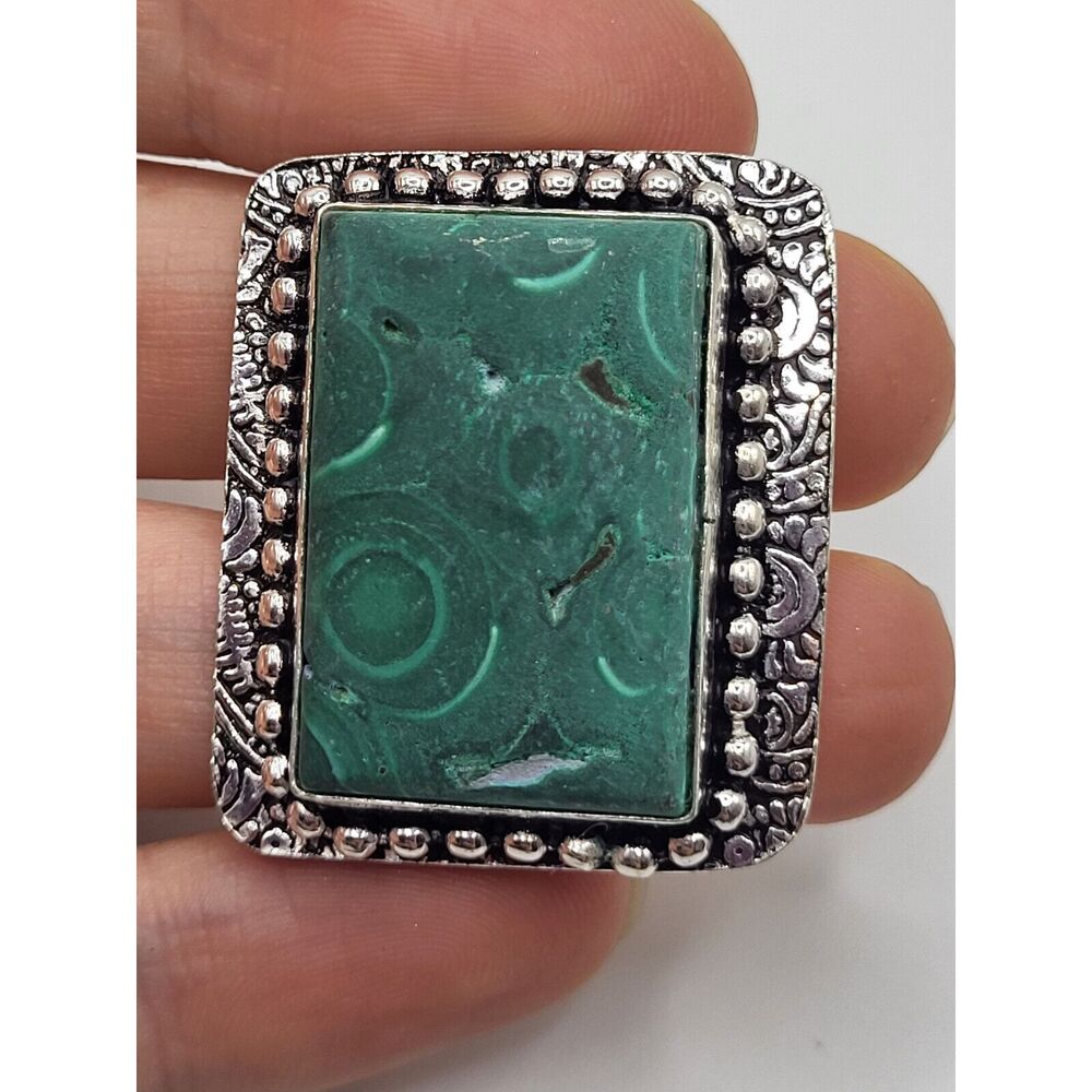 Bohemian Rectangular Malachite Chunky Ring Sz 11 - image 3